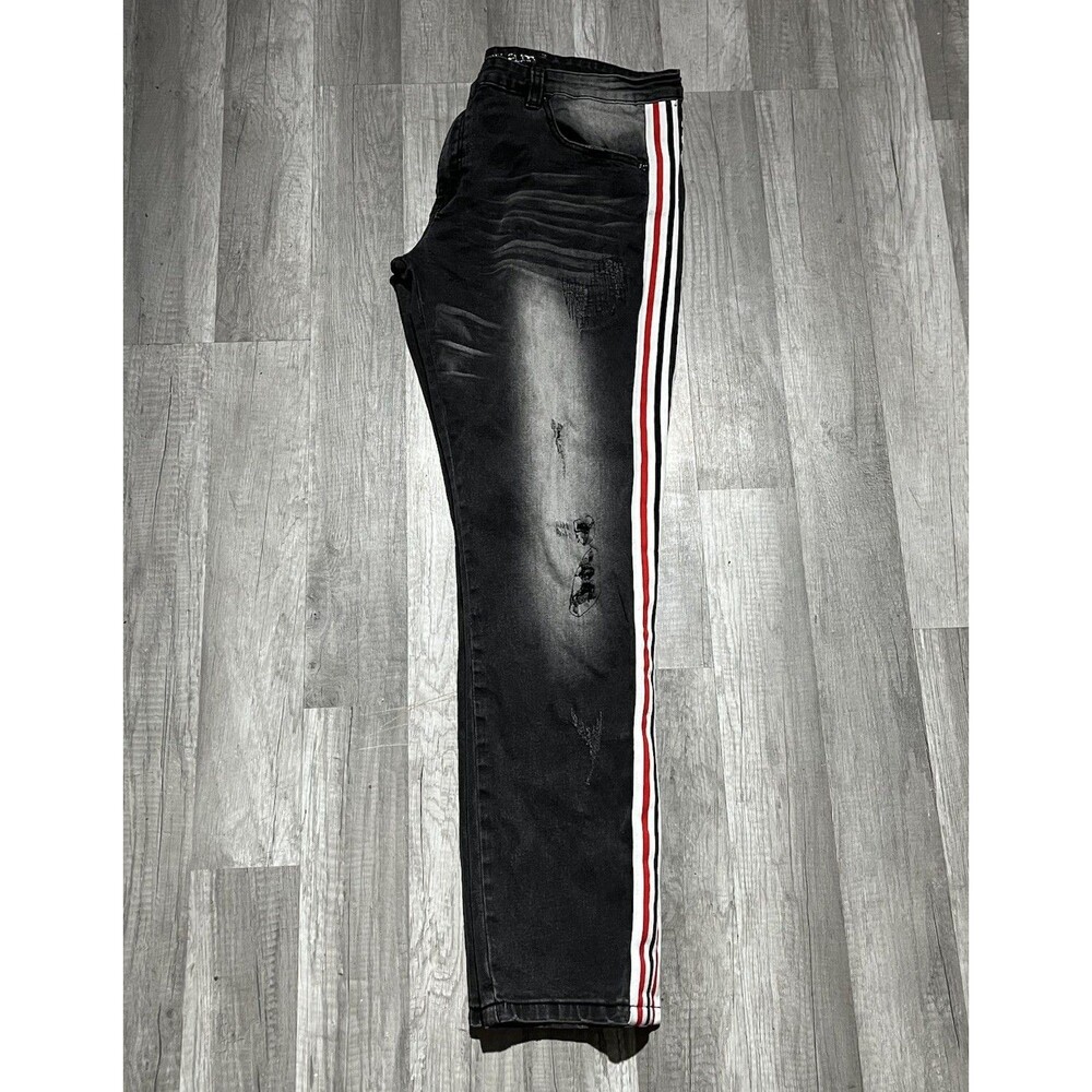 Kilogram Mens Distressed Side Stripe Jeans Black Red White Streetwear Size 42